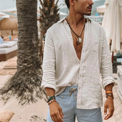 2024 Men Casual Cotton Linen ShirtsStanding Collar Male Solid Color