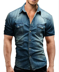 Men Summer Denim Thin Shirt Short Sleeve Soft Cotton Two Pockets Slim