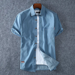 Men's Blue Denim Shirts Short Sleeve Jean Shirts New Summer High