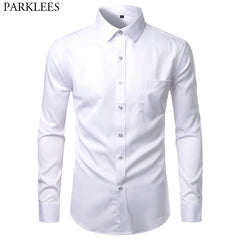 Mens White Bamboo Fiber Dress Shirts Slim Fit Wrinkle Free Casual