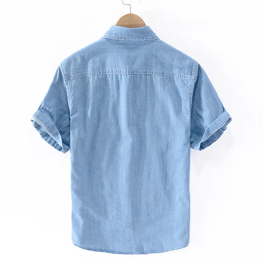 100% Cotton short sleeved summer denim shirt men fashion blue shirts