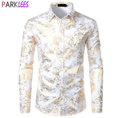 Shiny Paisley Printed Luxury Dress Shirts Men Long Sleeve Casual