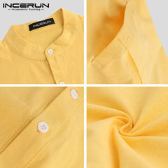 INCERUN Summer Casual Men Shirts Stand Collar Solid Cotton Blouse