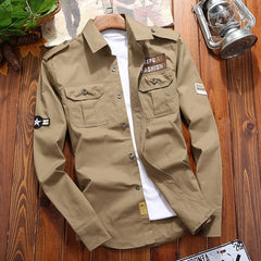 Men's Shirts Military Casual Shirt Cotton Khaki Retro Slim Fit with