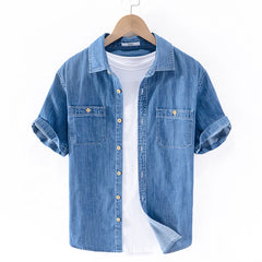 100% Cotton short sleeved summer denim shirt men fashion blue shirts