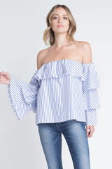 Women's Off Shoulder Stripe Ruffle Long Sleeve Top