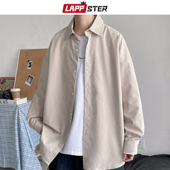 LAPPSTER Men Korean Fashion White Long Sleeve Shirts 2022 Mens