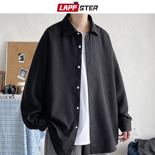 LAPPSTER Men Korean Fashion White Long Sleeve Shirts 2022 Mens