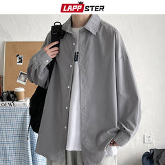 LAPPSTER Men Korean Fashion White Long Sleeve Shirts 2022 Mens