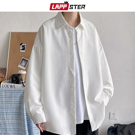 LAPPSTER Men Korean Fashion White Long Sleeve Shirts 2022 Mens