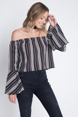 Women's Off Shoulder Casual Stripe Bell Sleeve Top