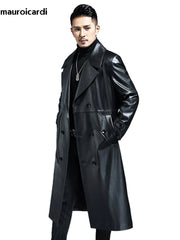 Mens Long Black Leather Trench Coat | Faux Leather Trench Coat Mens |