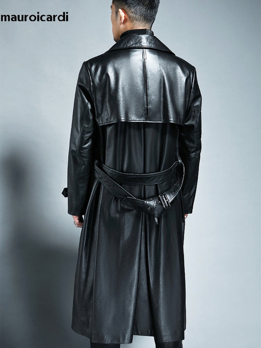 Mens Long Black Leather Trench Coat | Faux Leather Trench Coat Mens |