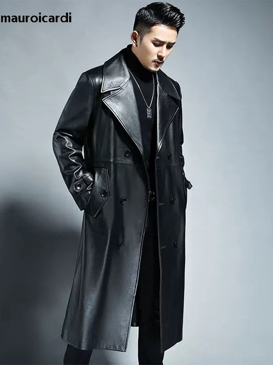 Mens Long Black Leather Trench Coat | Faux Leather Trench Coat Mens |