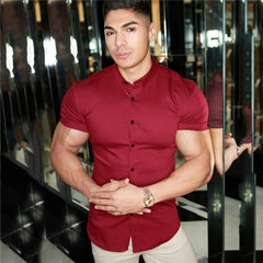 Men Fashion Casual Short Sleeve Solid Shirt Super Slim Fit Male Social