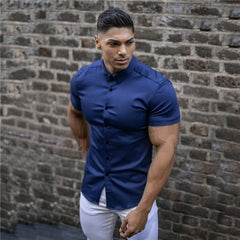 Men Fashion Casual Short Sleeve Solid Shirt Super Slim Fit Male Social