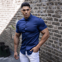 Men Fashion Casual Short Sleeve Solid Shirt Super Slim Fit Male Social