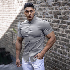 Men Fashion Casual Short Sleeve Solid Shirt Super Slim Fit Male Social