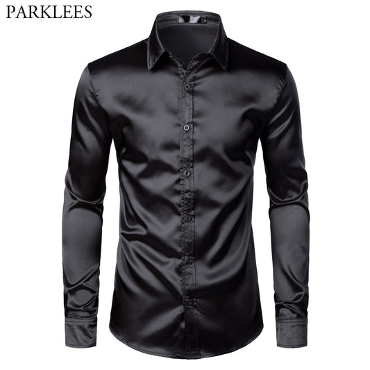 Men's Black Satin Luxury Dress Shirts 2019 Silk Smooth Men Tuxedo