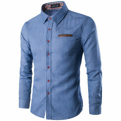 Men's Fashion Denim Dress Shirt Solid Color Long Sleeve Slim Fit