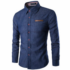 Men's Fashion Denim Dress Shirt Solid Color Long Sleeve Slim Fit