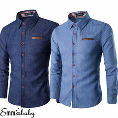 Men's Fashion Denim Dress Shirt Solid Color Long Sleeve Slim Fit