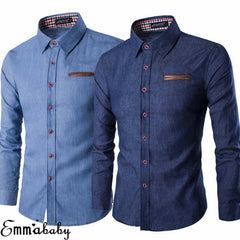 Men's Fashion Denim Dress Shirt Solid Color Long Sleeve Slim Fit