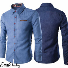 Men's Fashion Denim Dress Shirt Solid Color Long Sleeve Slim Fit