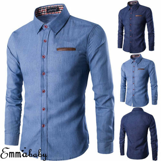 Men's Fashion Denim Dress Shirt Solid Color Long Sleeve Slim Fit