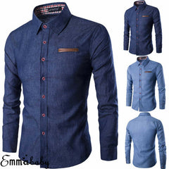 Men's Fashion Denim Dress Shirt Solid Color Long Sleeve Slim Fit