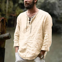 New Linen Shirt Men's Casual Blouse Cotton Loose Tops Long Sleeve Tee