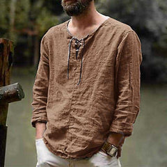 New Linen Shirt Men's Casual Blouse Cotton Loose Tops Long Sleeve Tee