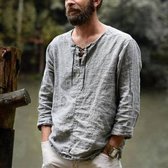 New Linen Shirt Men's Casual Blouse Cotton Loose Tops Long Sleeve Tee