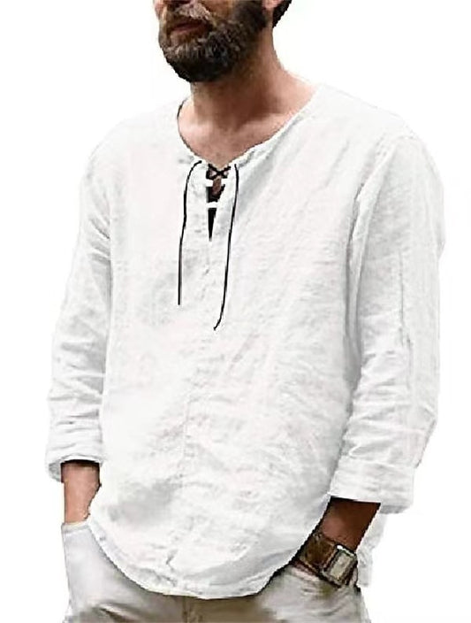 New Linen Shirt Men's Casual Blouse Cotton Loose Tops Long Sleeve Tee