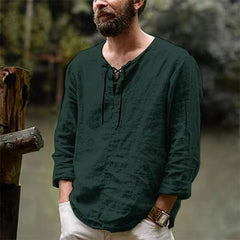 New Linen Shirt Men's Casual Blouse Cotton Loose Tops Long Sleeve Tee