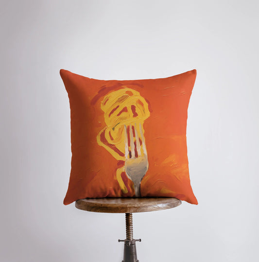 Orange Fork and Pasta | Gouache Painting | Food Pillow | Abstract