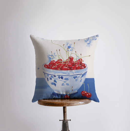 Red Cherry Bowl | Gouache Painting | Food Pillow | Fruit | Abstract