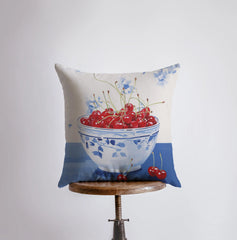 Red Cherry Bowl | Gouache Painting | Food Pillow | Fruit | Abstract