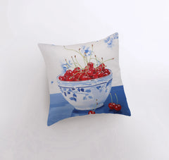 Red Cherry Bowl | Gouache Painting | Food Pillow | Fruit | Abstract