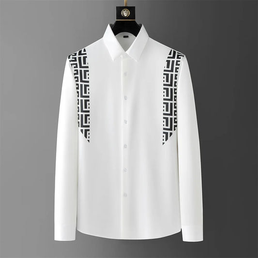 2024 Brand Spring Spliced Printed Shirt for Men Long Sleeve Casual