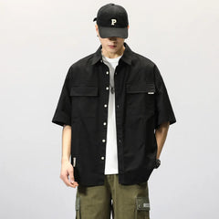 Summer Japanese Cargo Short Sleeve Shirt Men's Pockets Button