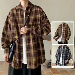 Lapel Collar Shirt Jacket Retro Plaid Print Men's Shirt Coat Long