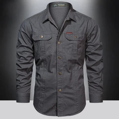 New Autumn Military Style Cotton Pocket Shirt for Men Solid Color Slim