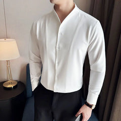 Men V-neck Shirt 2024 Spring New British Style Anti-wrinkle Soft Solid