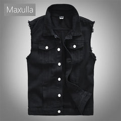 Maxulla Men's Denim Vest Sleeveless Jackets Cotton Retro Ripped Slim