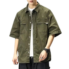 Men Cargo Shirt Hip-hop Turn-down Collar Short Sleeves Single-breasted