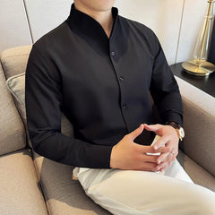 Men V-neck Shirt 2024 Spring New British Style Anti-wrinkle Soft Solid