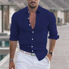 2024 Elegant men's solid color cotton linen long sleeve shirt lapel