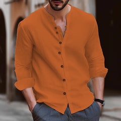 Retro Style Summer Men's Casual Cotton Linen Shirt Mock Neck Solid