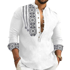 Men Long Sleeve Button-Down Shirt Blouse Loose Henley V-Neck Beach